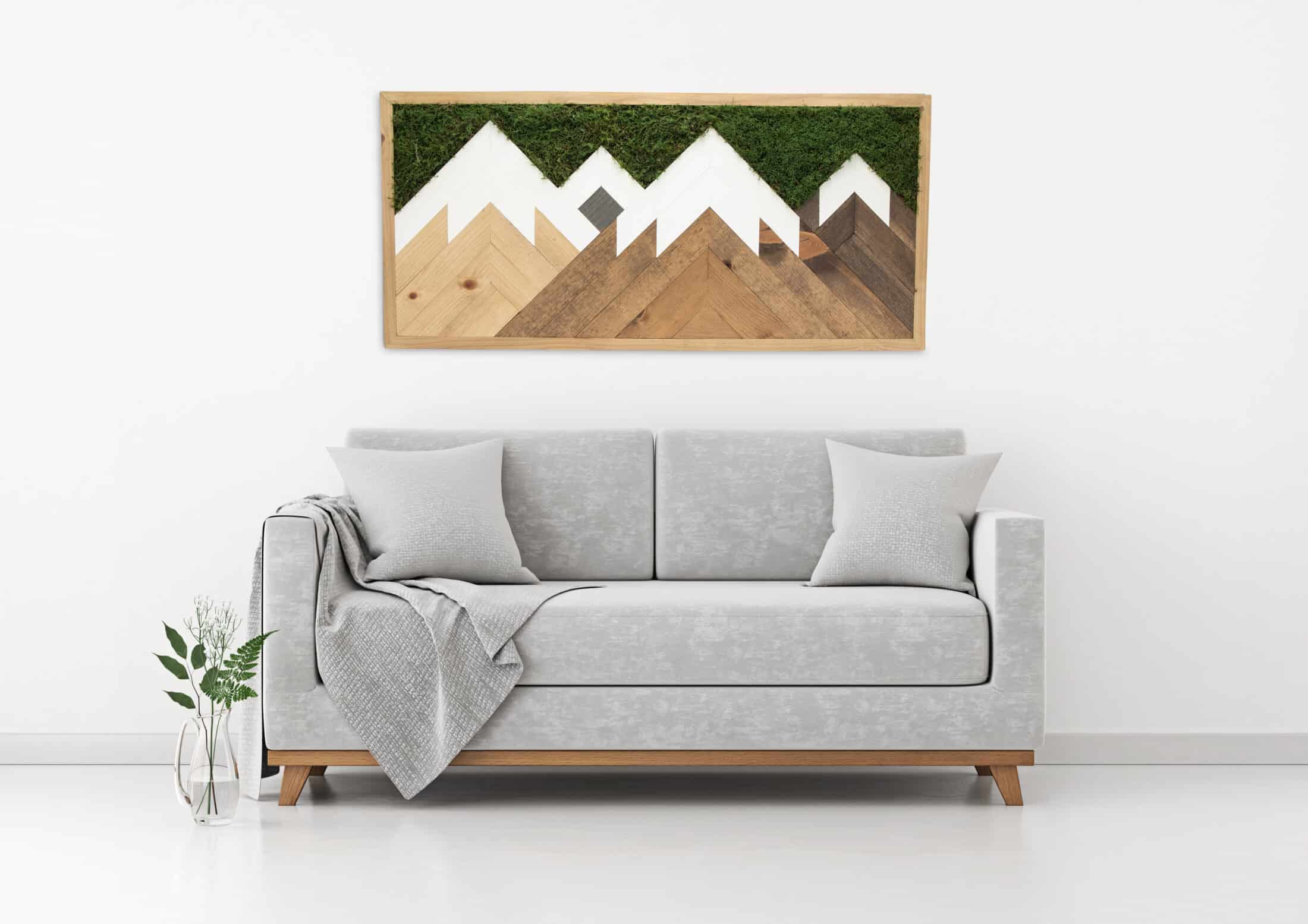 Living moss wall art that improves air quality and provides therapeutic relief from stress and anxiety. Moss wall art in home.