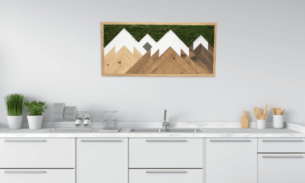 Living moss wall art that improves air quality and provides therapeutic relief from stress and anxiety. Moss wall art in home.