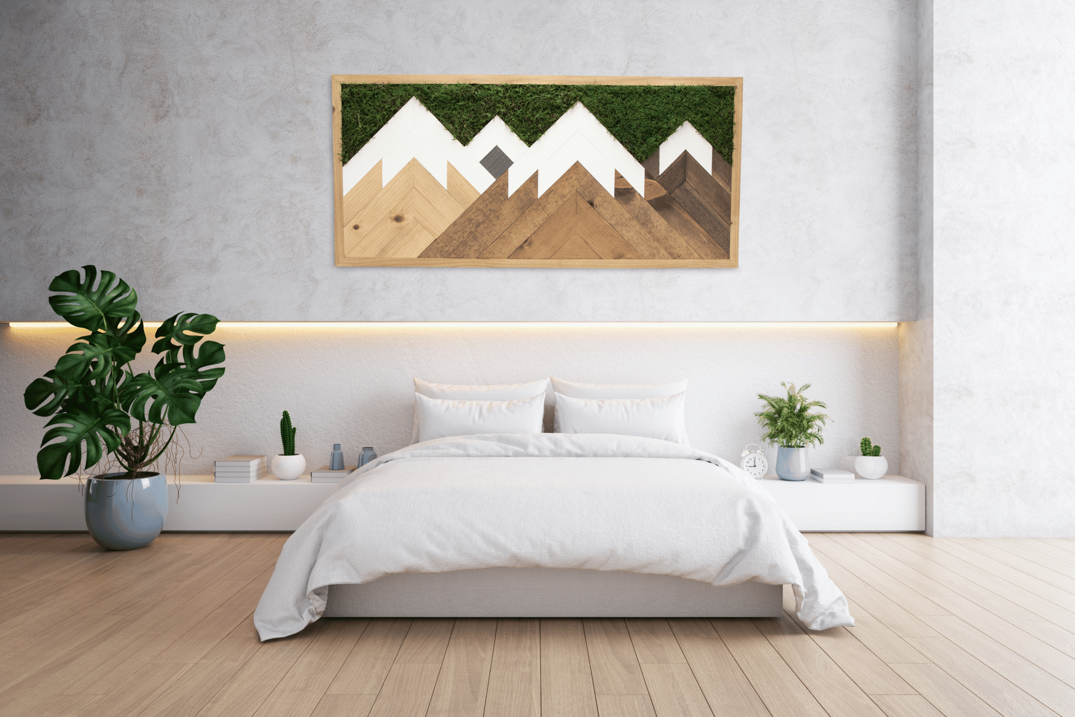 Living moss wall art that improves air quality and provides therapeutic relief from stress and anxiety. Moss wall art in home.