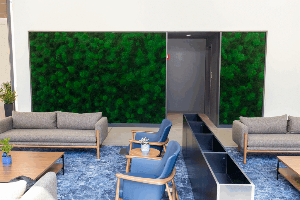 Luxury live moss wall with LIVE green moss and custom wood frame, sustainable biophilic design for interiors