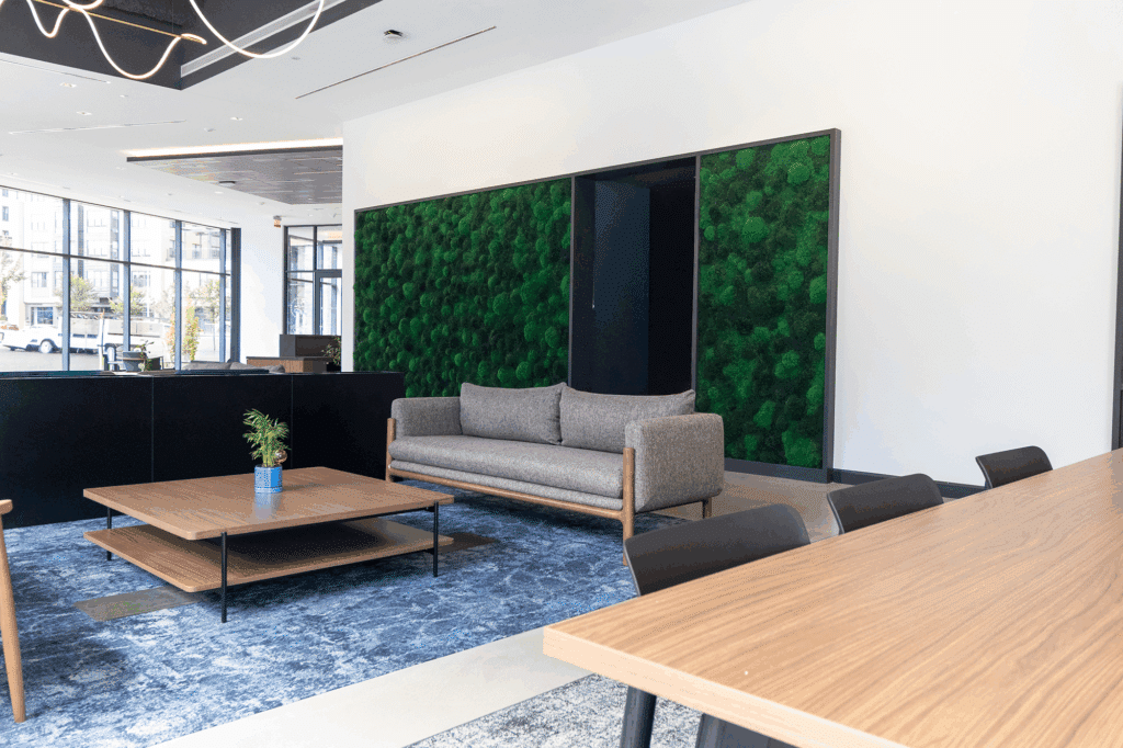Luxury live moss wall with LIVE green moss and custom wood frame, sustainable biophilic design for interiors