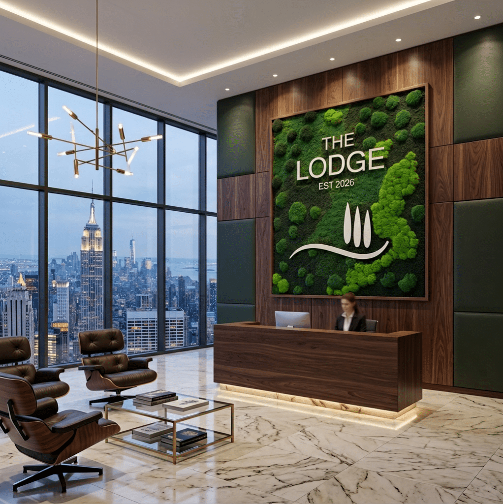 Custom live moss wall art installation in a luxury California apartment building lobby.