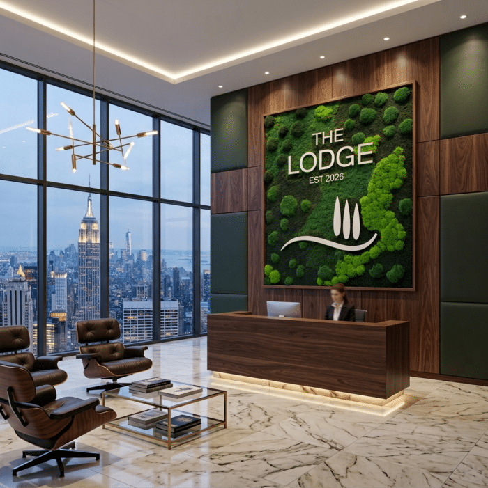 Custom live moss wall art installation in a luxury California apartment building lobby.