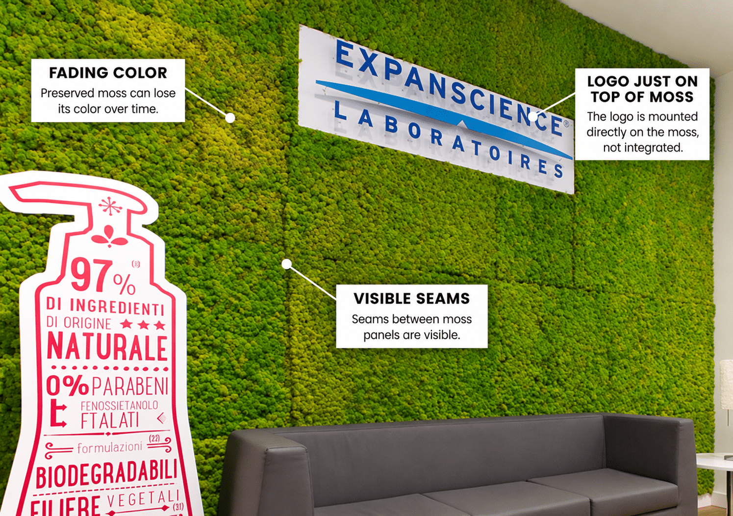 Preserved moss logo wall showing visible seams, fading color, and a logo mounted over the moss